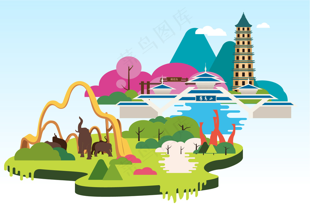 南宁青秀山公园，五象湖公园，ai矢量插画，清新简约，南宁地标建筑