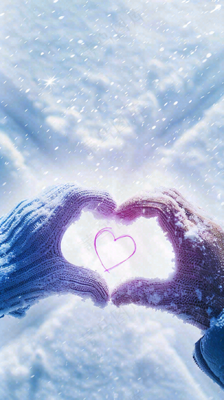 冬季寒冷雪地玩雪手套爱心手势大雪小雪小寒浪漫情人节摄影图背景