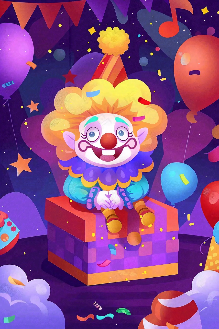 马戏团小丑表演开心紫色卡通搞怪愚人节插画背景