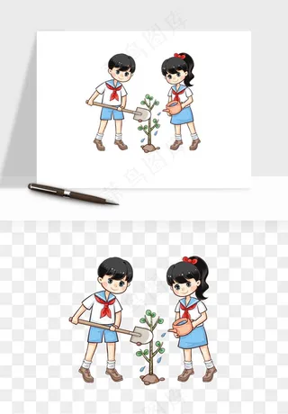 手绘植树节挖土人物png免抠