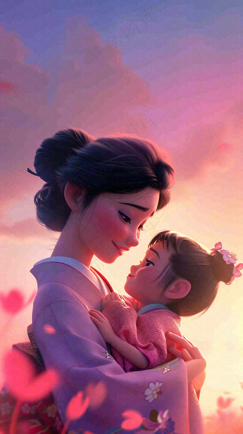母亲节妈妈亲情抱着孩子鲜花光辉插画背景