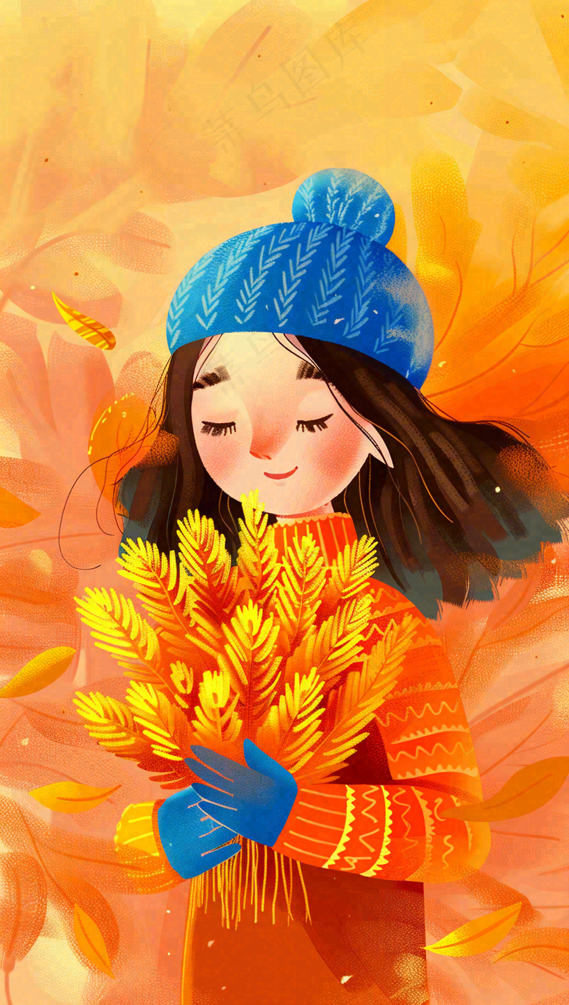 秋天女孩抱着落叶唯美卡通插画秋分立秋背景