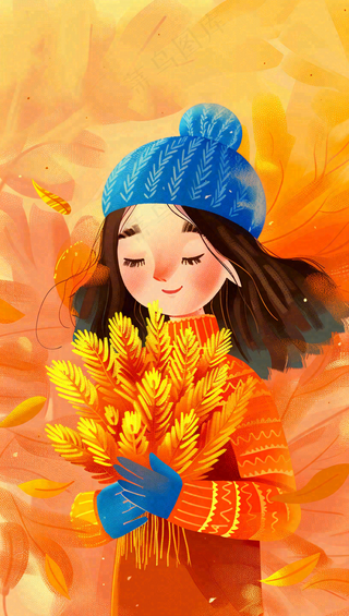 秋天女孩抱着落叶唯美卡通插画秋分立秋背景