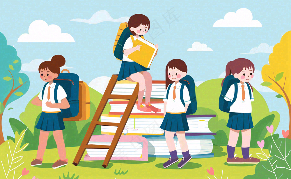 学生们在书本知识里学习阅读遨游阶梯世界读书日卡通插画背景