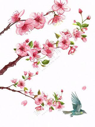 春天桃花树上小鸟喜鹊插画免抠