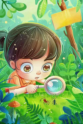 儿童学生森林冒险放大镜观察蚂蚁户外探险儿童节卡通插画背景