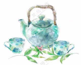 水彩茶壶茶杯插画免抠