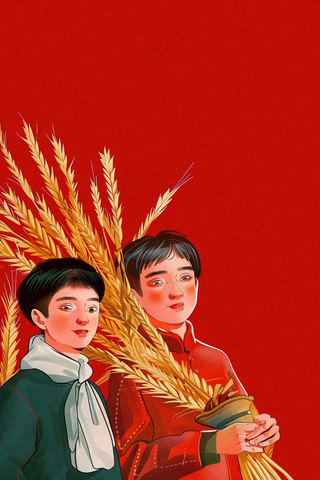 红色复古插画粮食收成农民工劳动节卡通插画背景