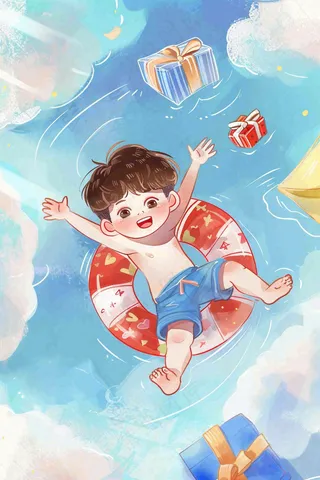 游泳池躺着游泳圈上的儿童创意儿童节卡通插画背景