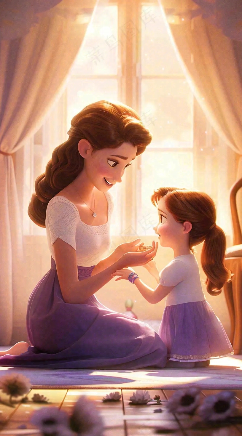 母亲节妈妈亲情抱着孩子鲜花光辉插画背景