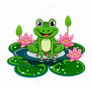 夏天池塘荷叶荷花青蛙动物卡通插画免抠