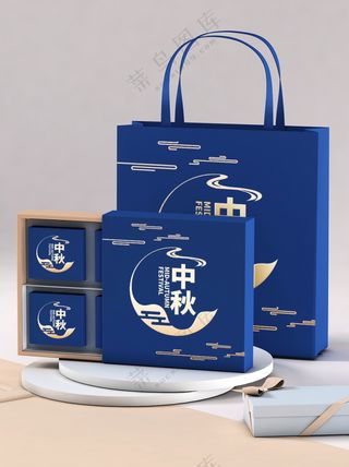 蓝色中秋节中式礼盒包装psd样机011