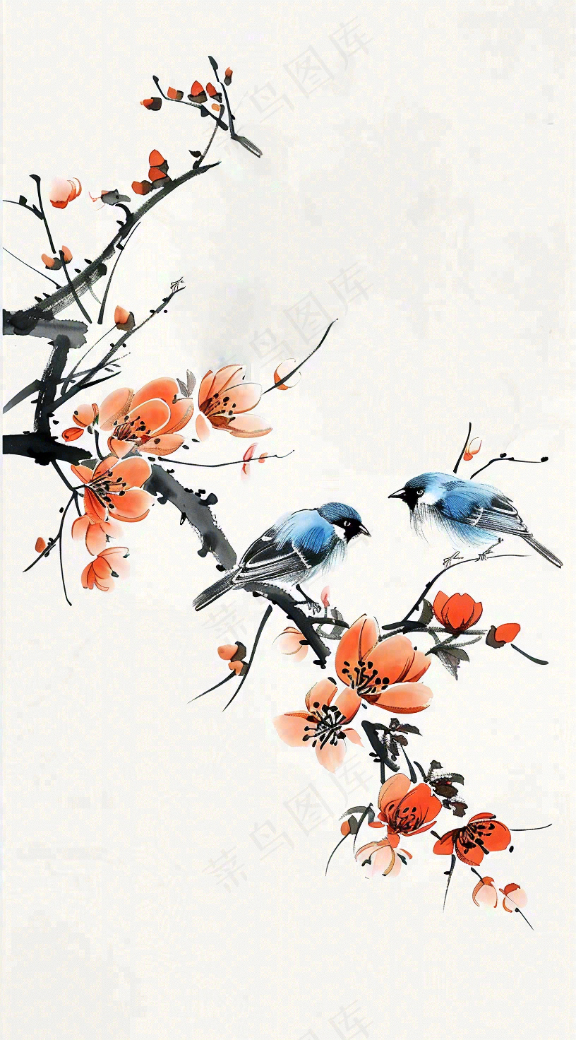 秋天凄冷树枝鸟儿花国风插画立秋白露寒露秋分背景