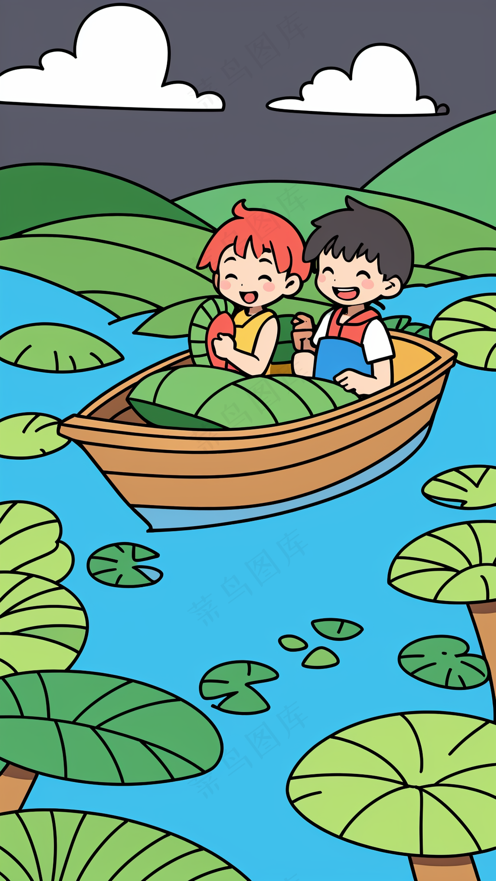 两个小孩在荷花池上划船 儿童简笔画
