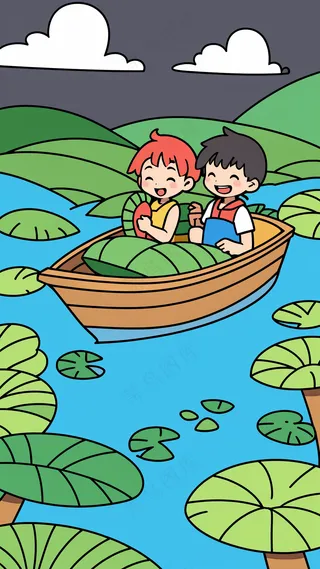 两个小孩在荷花池上划船 儿童简笔画