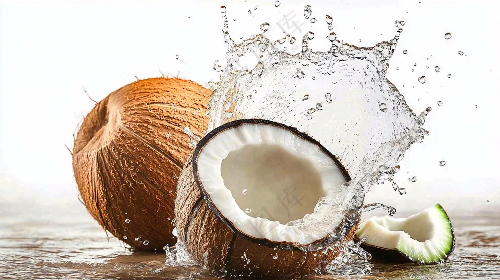 椰子汁飞溅新鲜果汁摄影图