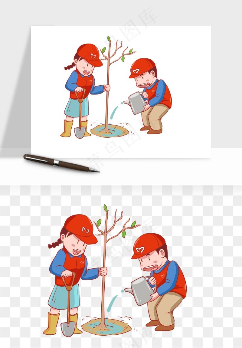 手绘植树节挖土人物png免抠