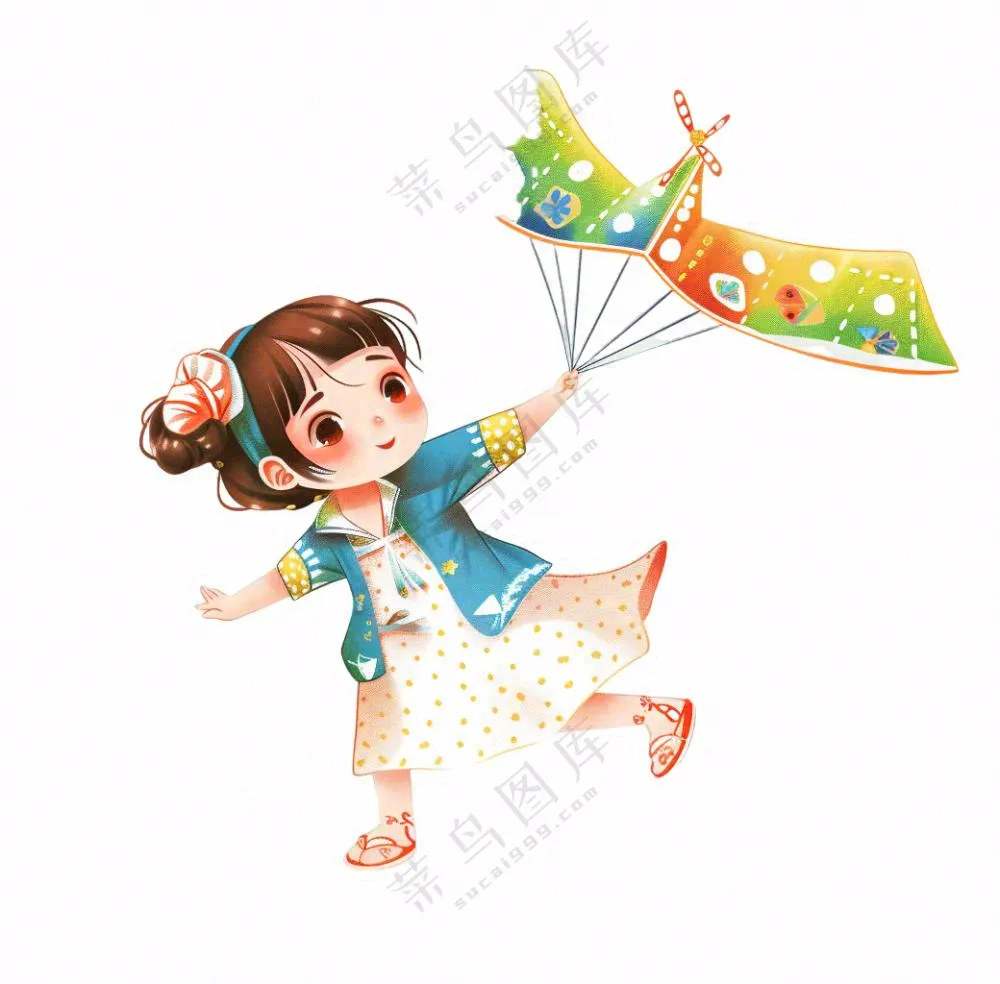 放风筝纸鸢的女孩儿童人物卡通插画免抠