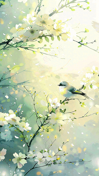 春天繁华盛开树枝小鸟春意小清新唯美立春惊蛰插画背景