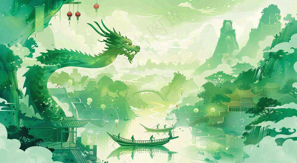 中国风国潮插画龙绿色盛世端午节插画背景