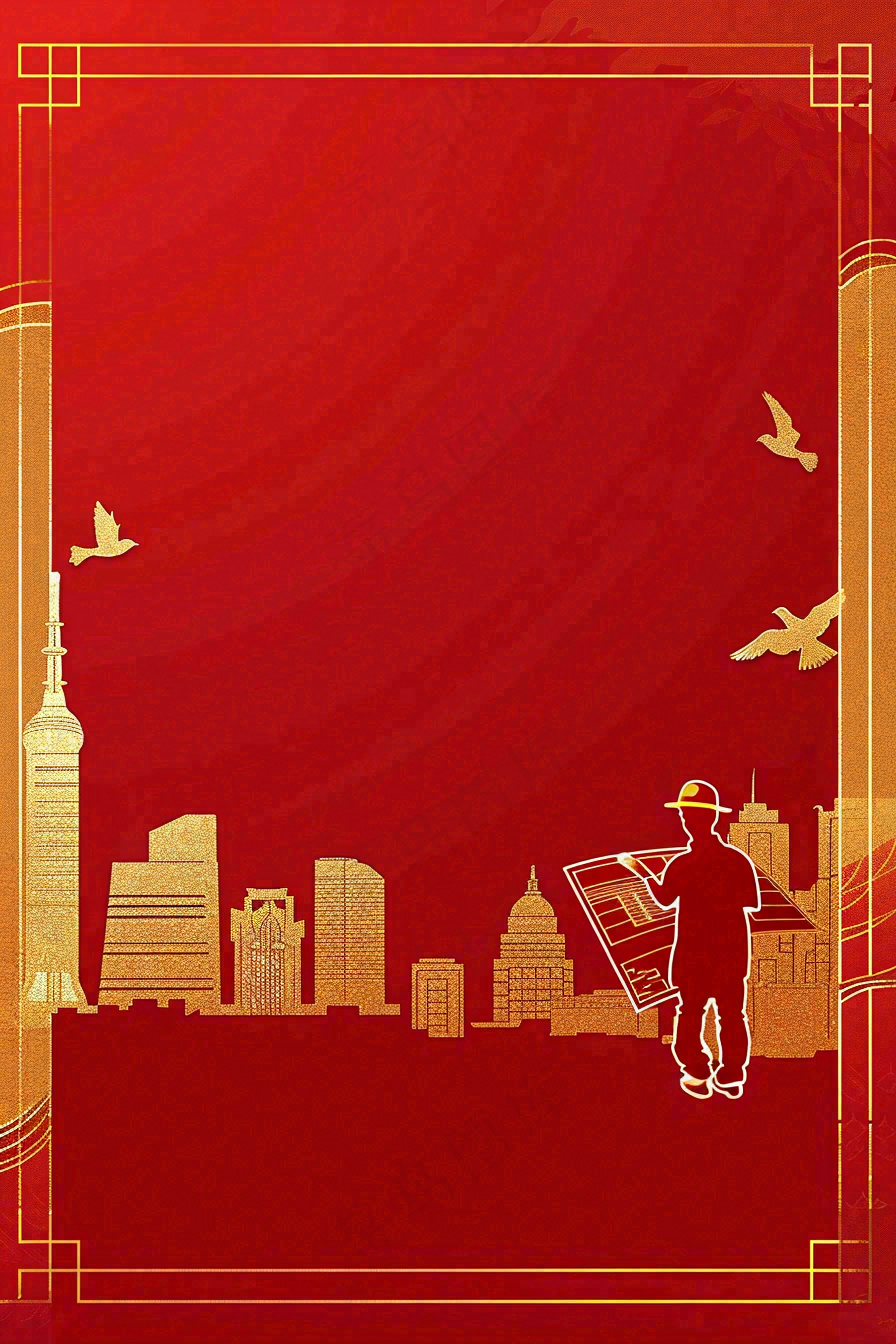 红色工地指挥工人职业人物剪影劳动节插画背景