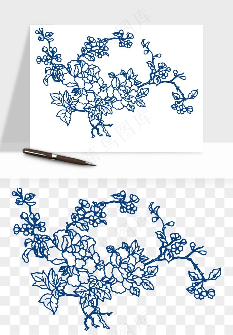 青花瓷花纹花卉图案png免抠