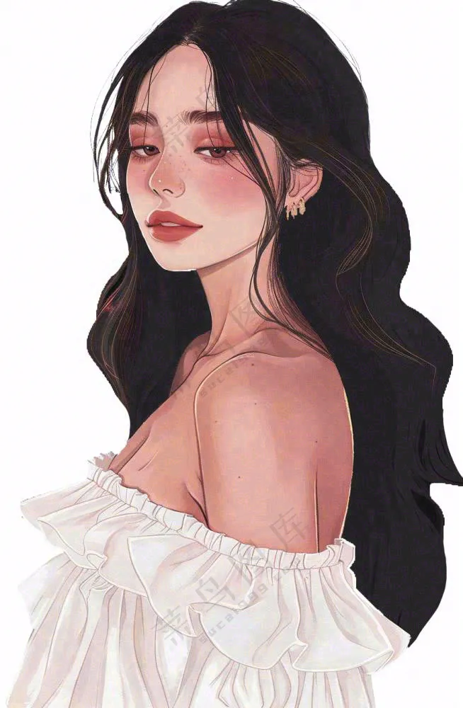 白色衣服的长头发少女美丽人物卡通插画免抠