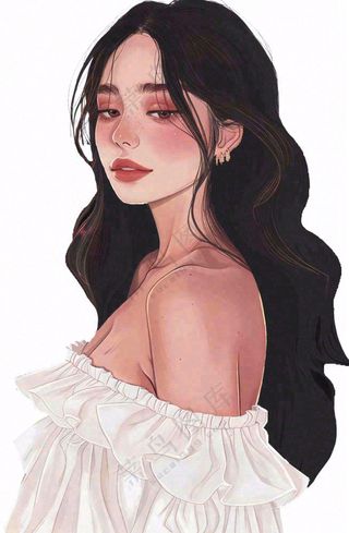 白色衣服的长头发少女美丽人物卡通插画免抠