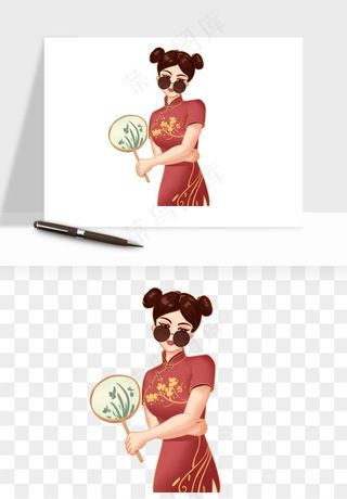 手绘国潮女性人物插画png免抠