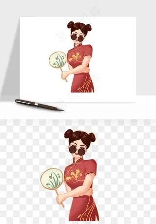 手绘国潮女性人物插画png免抠