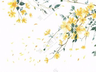春天树枝上的黄花水墨风插画免抠