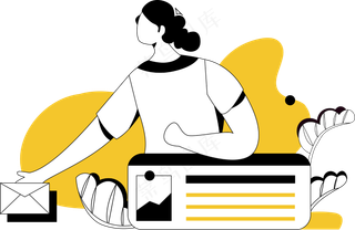 女生处理商务邮件 黄色扁平商务插画