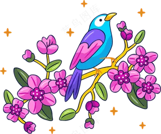 喜鹊停在树枝上 美式多巴胺插画 免抠透明底