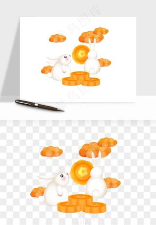 中秋月饼玉兔国潮插画png免抠