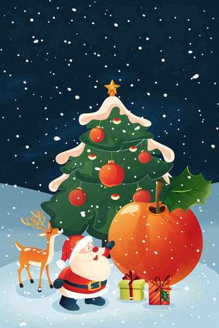 冬天雪地里的红苹果圣诞树圣诞老人童话平安夜圣诞节卡通插画背景