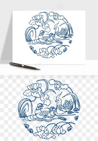 青花瓷花纹花卉图案png免抠