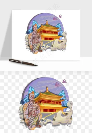 国潮城市地标山水建筑png免抠