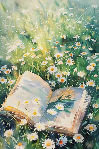 草丛花丛里的书本阅读世界读书日水彩插画背景