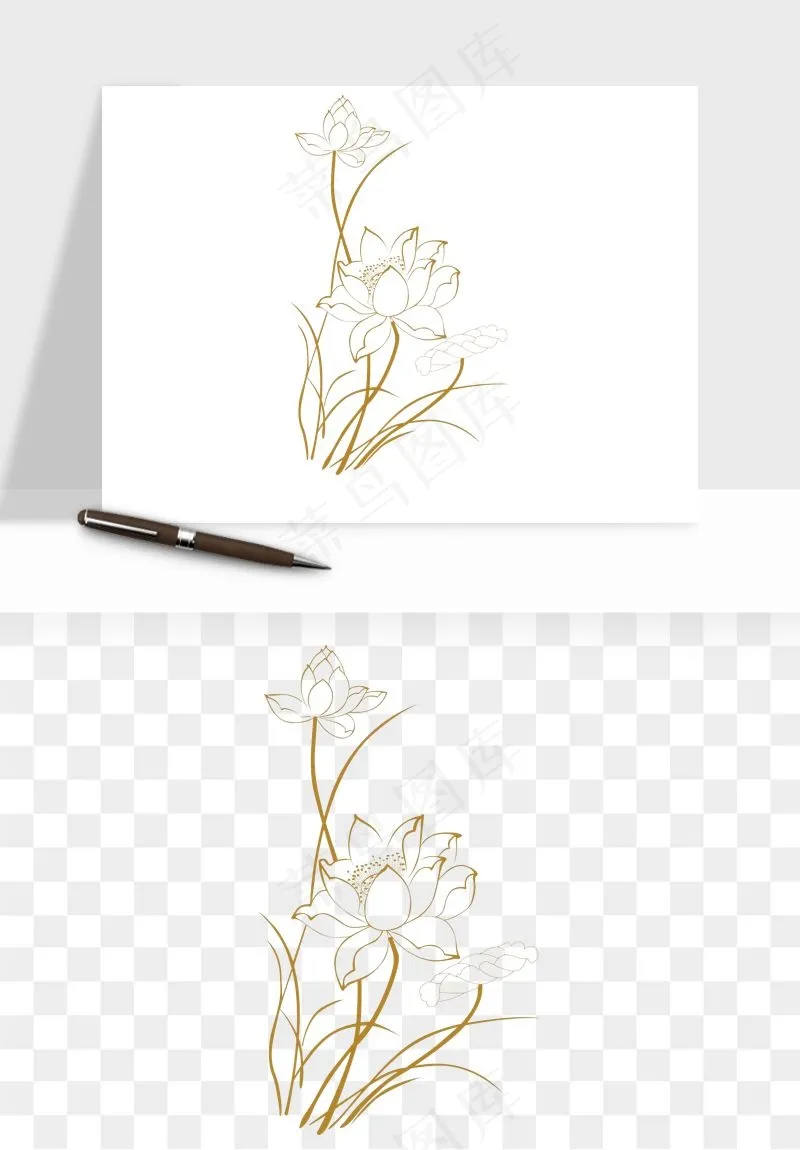线描荷花莲花线条png免抠