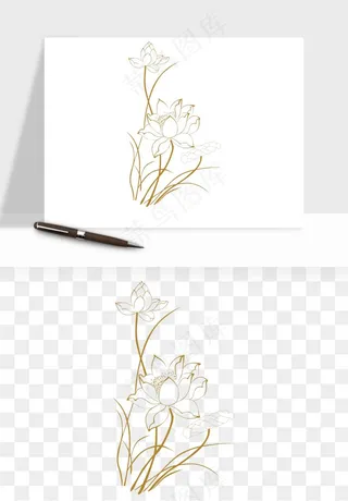 线描荷花莲花线条png免抠
