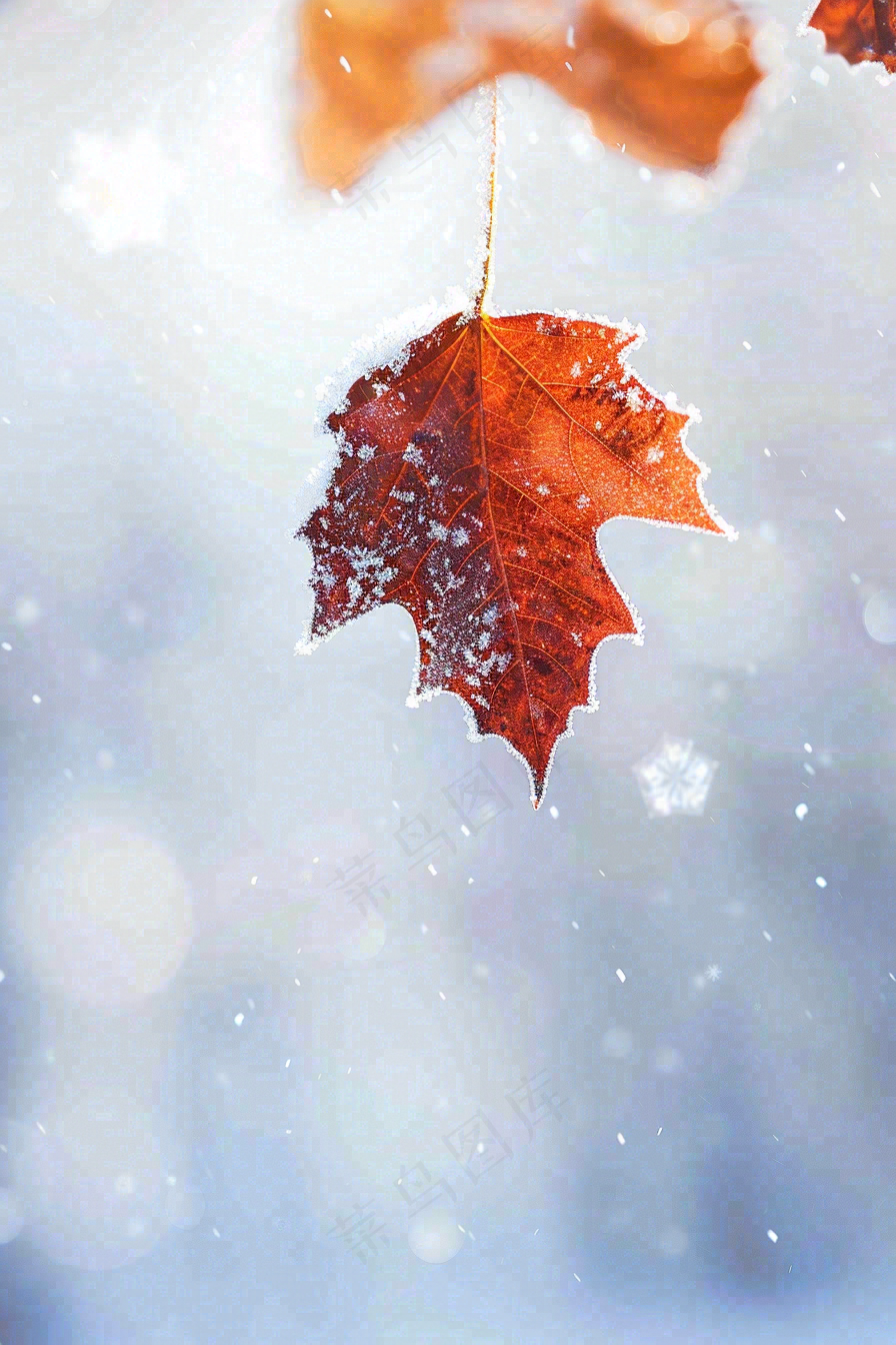 结满白霜雪花的树叶霜降摄影图