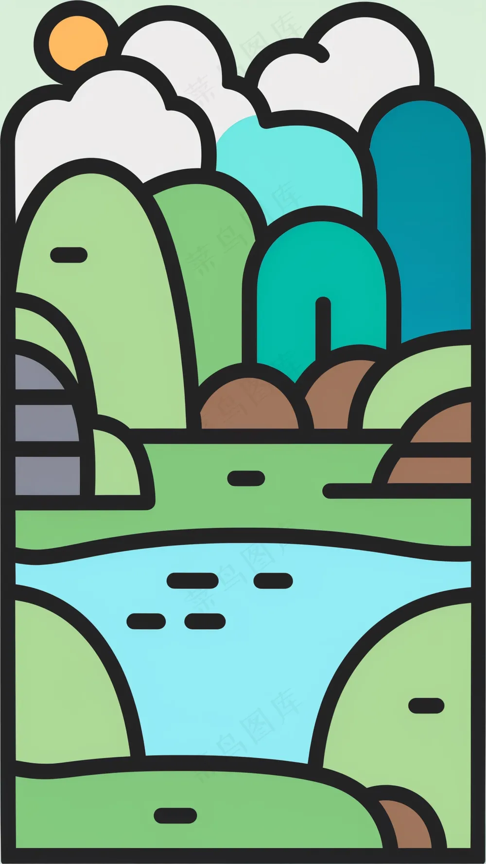 湖泊山脉 抽象粗线条简笔风景画