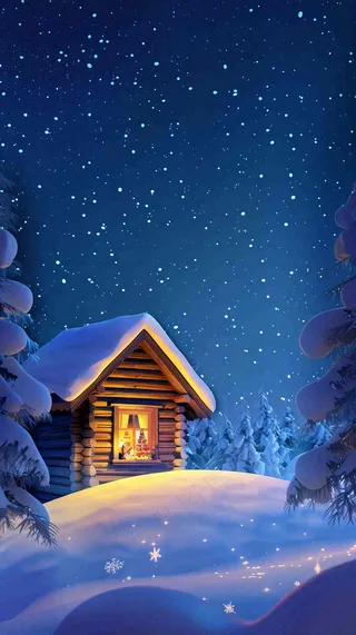 冬季夜晚蓝色星空下的小木屋灯火平安夜插画背景