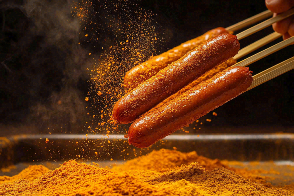 烤火腿肠煎辣椒面香辣美食小吃摄影图