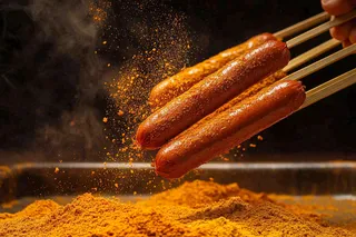 烤火腿肠煎辣椒面香辣美食小吃摄影图