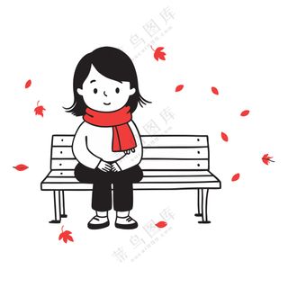 简约秋天坐公园长椅小女孩