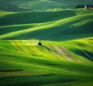 农田庄稼里耕种的机器农忙劳动节摄影图