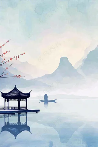 中国风山水凉亭霜降插画背景