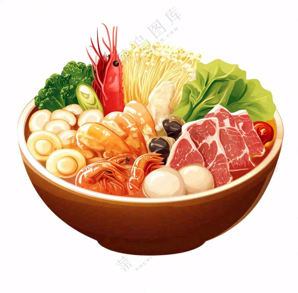 麻辣烫火锅海鲜肉类时蔬插画免抠
