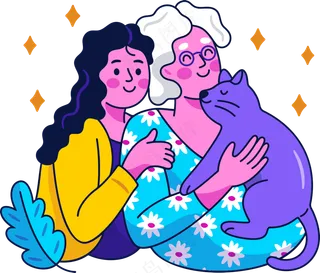 女孩陪着奶奶 抱着猫 美式多巴胺插画 免抠透明底